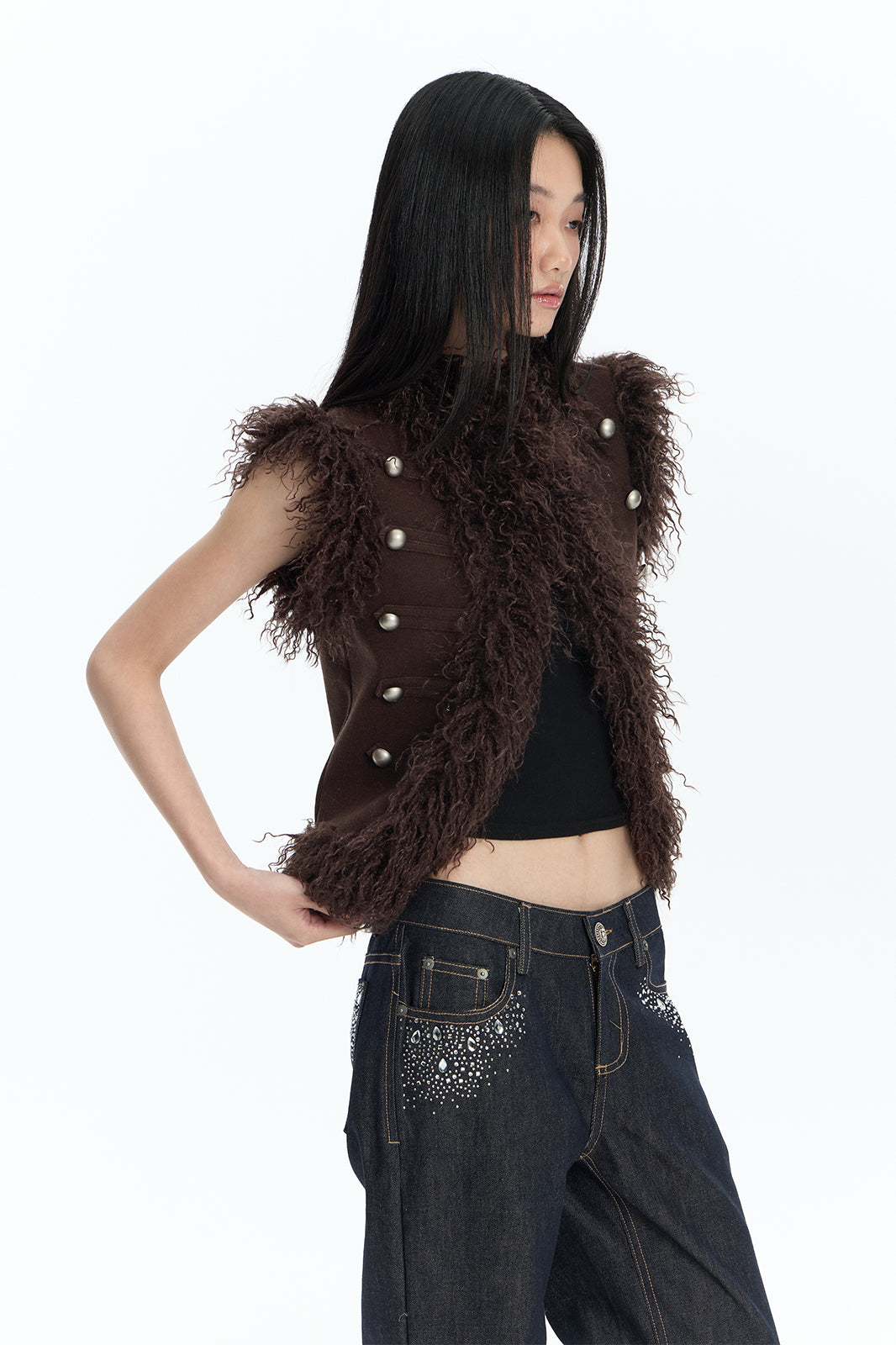 FAYCHUI Faux Fur Trim Button Vest
