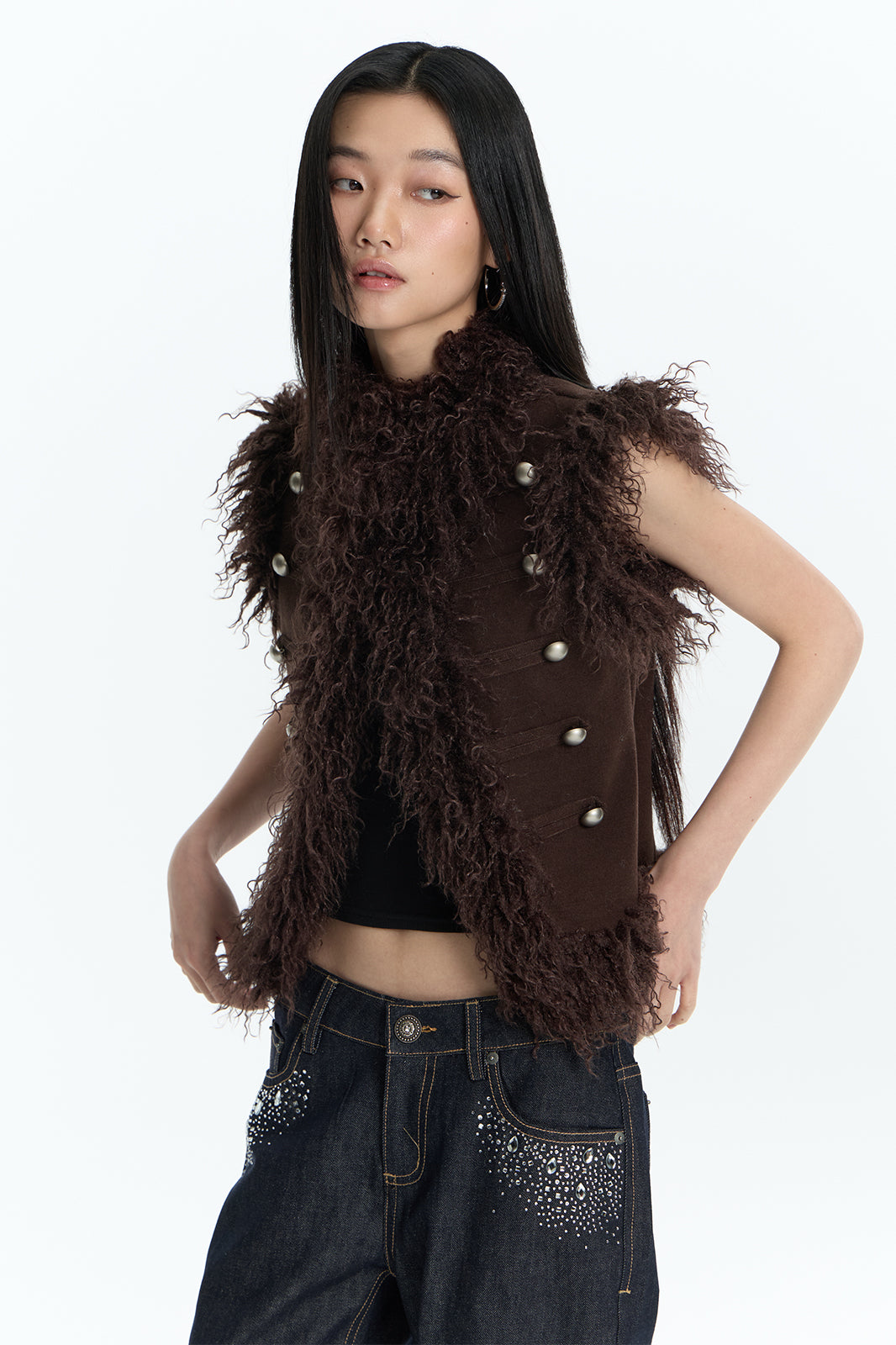 FAYCHUI Faux Fur Trim Button Vest