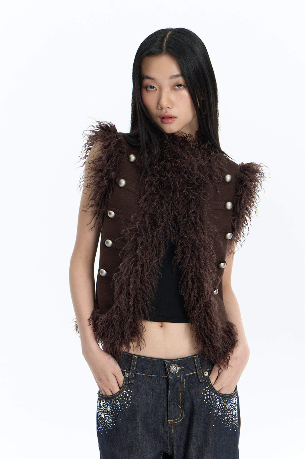 FAYCHUI Faux Fur Trim Button Vest