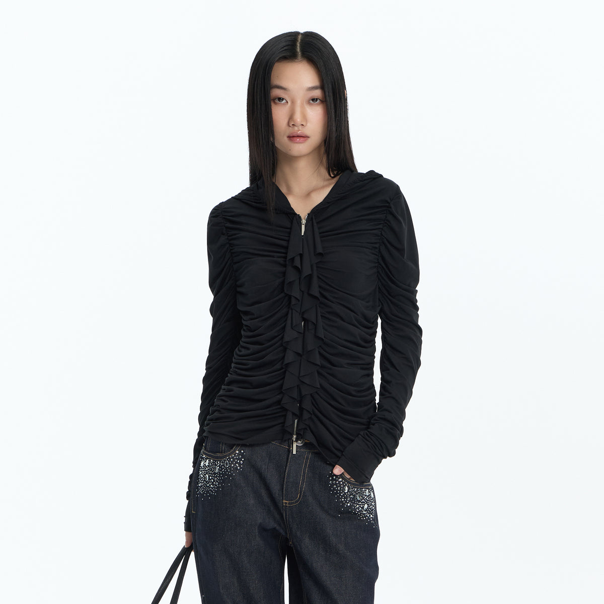 FAYCHUI Ruched Ruffle-Front Zip-Up Hoodie