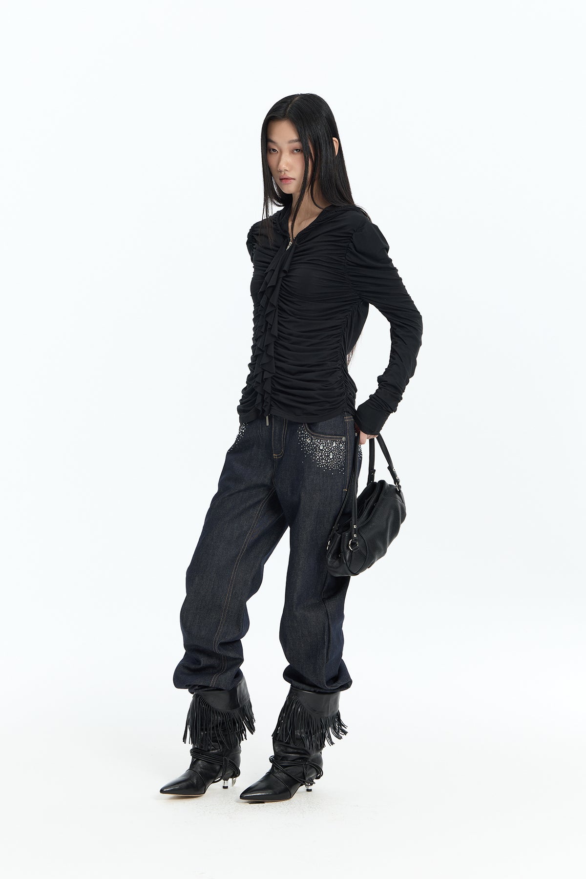 FAYCHUI Ruched Ruffle-Front Zip-Up Hoodie