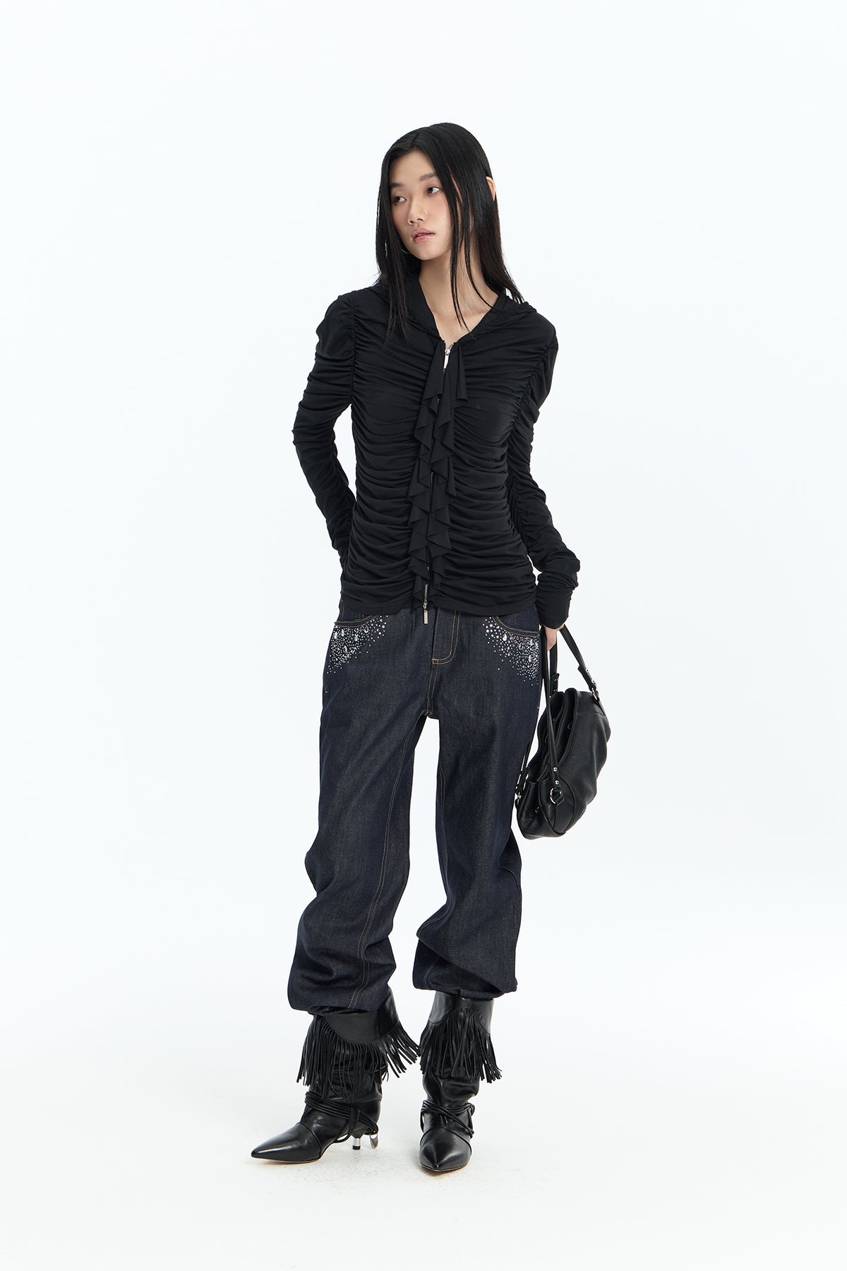 FAYCHUI Ruched Ruffle-Front Zip-Up Hoodie