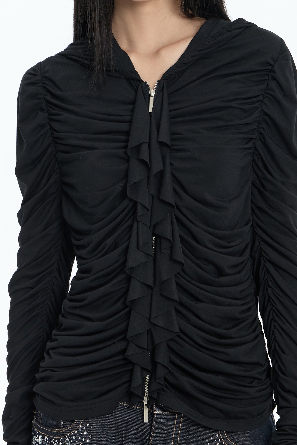 FAYCHUI Ruched Ruffle-Front Zip-Up Hoodie