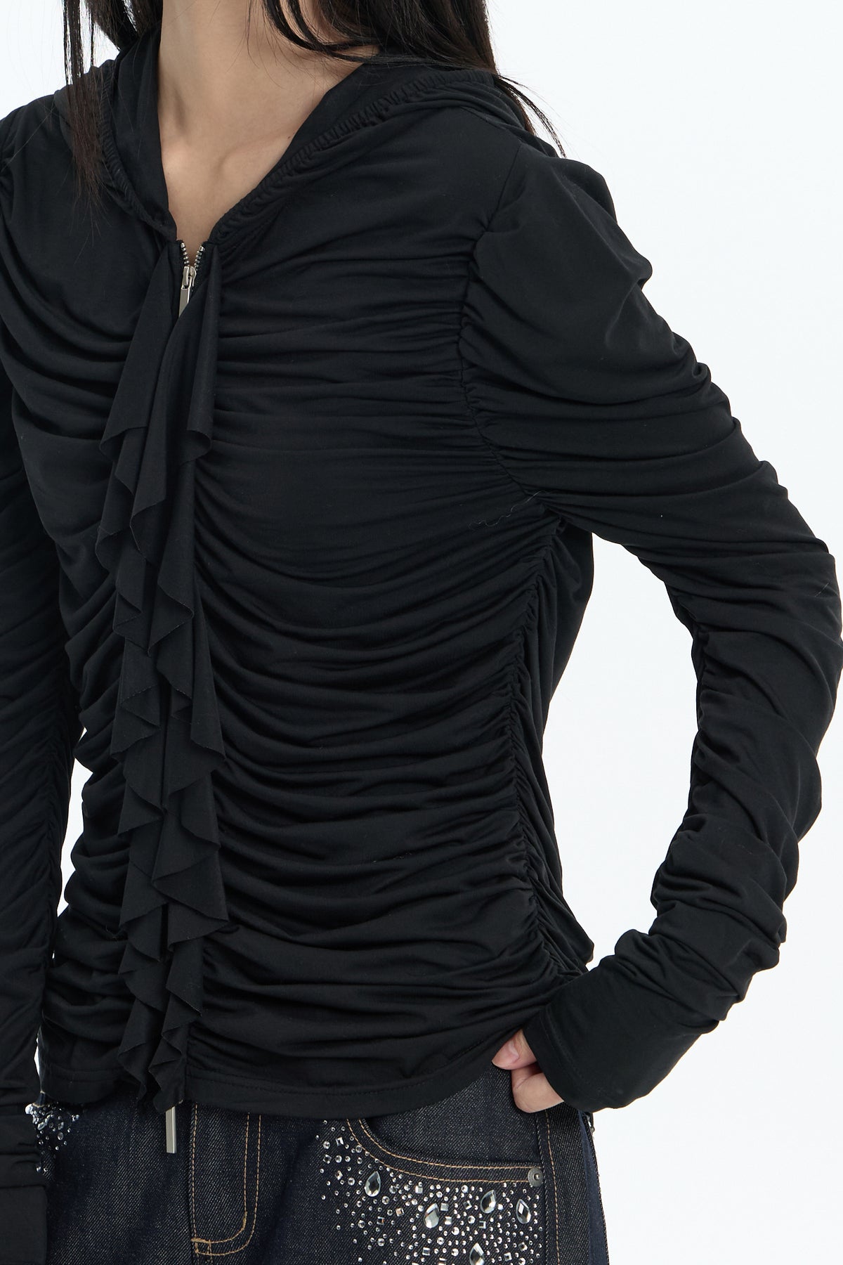 FAYCHUI Ruched Ruffle-Front Zip-Up Hoodie
