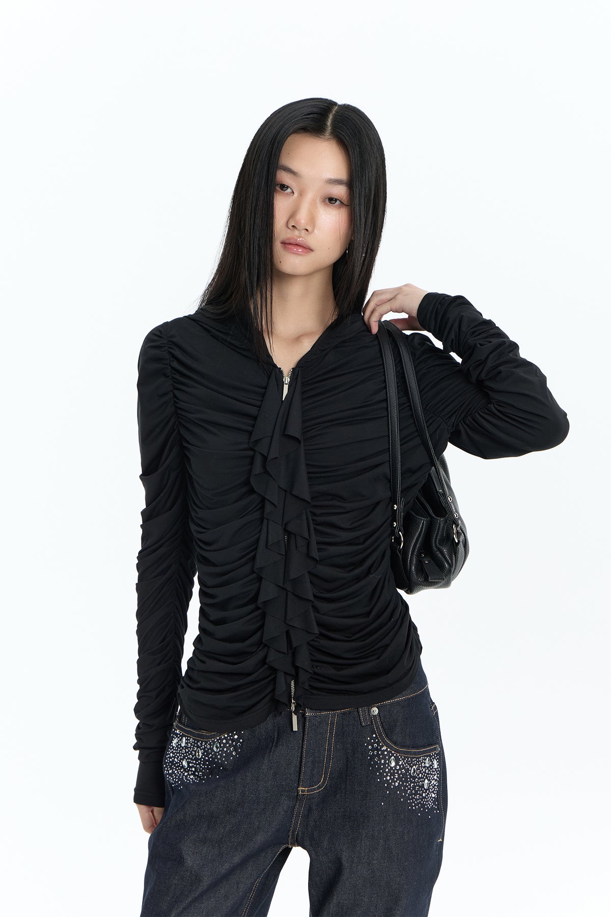 FAYCHUI Ruched Ruffle-Front Zip-Up Hoodie