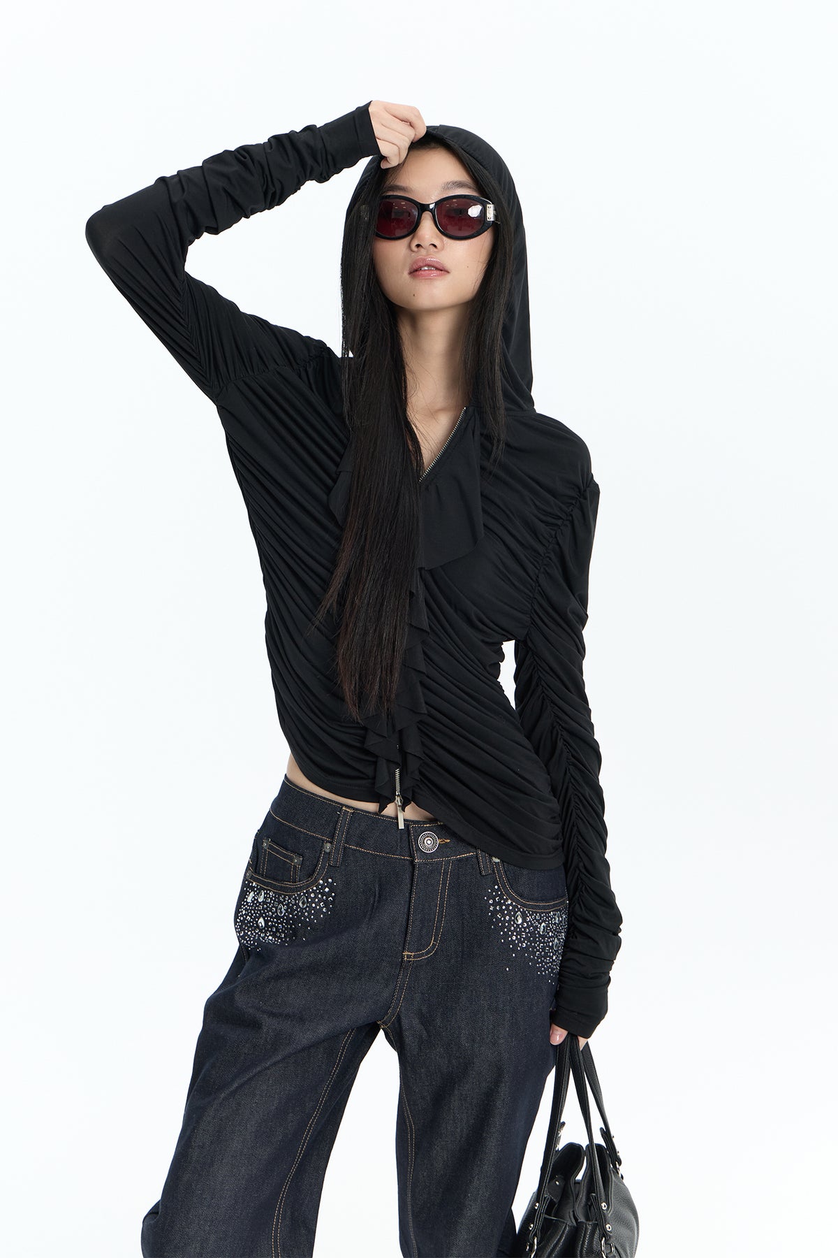 FAYCHUI Ruched Ruffle-Front Zip-Up Hoodie