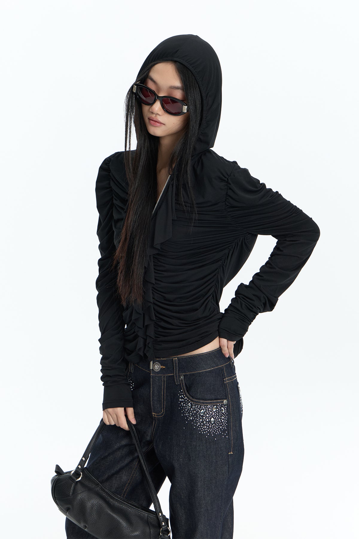 FAYCHUI Ruched Ruffle-Front Zip-Up Hoodie