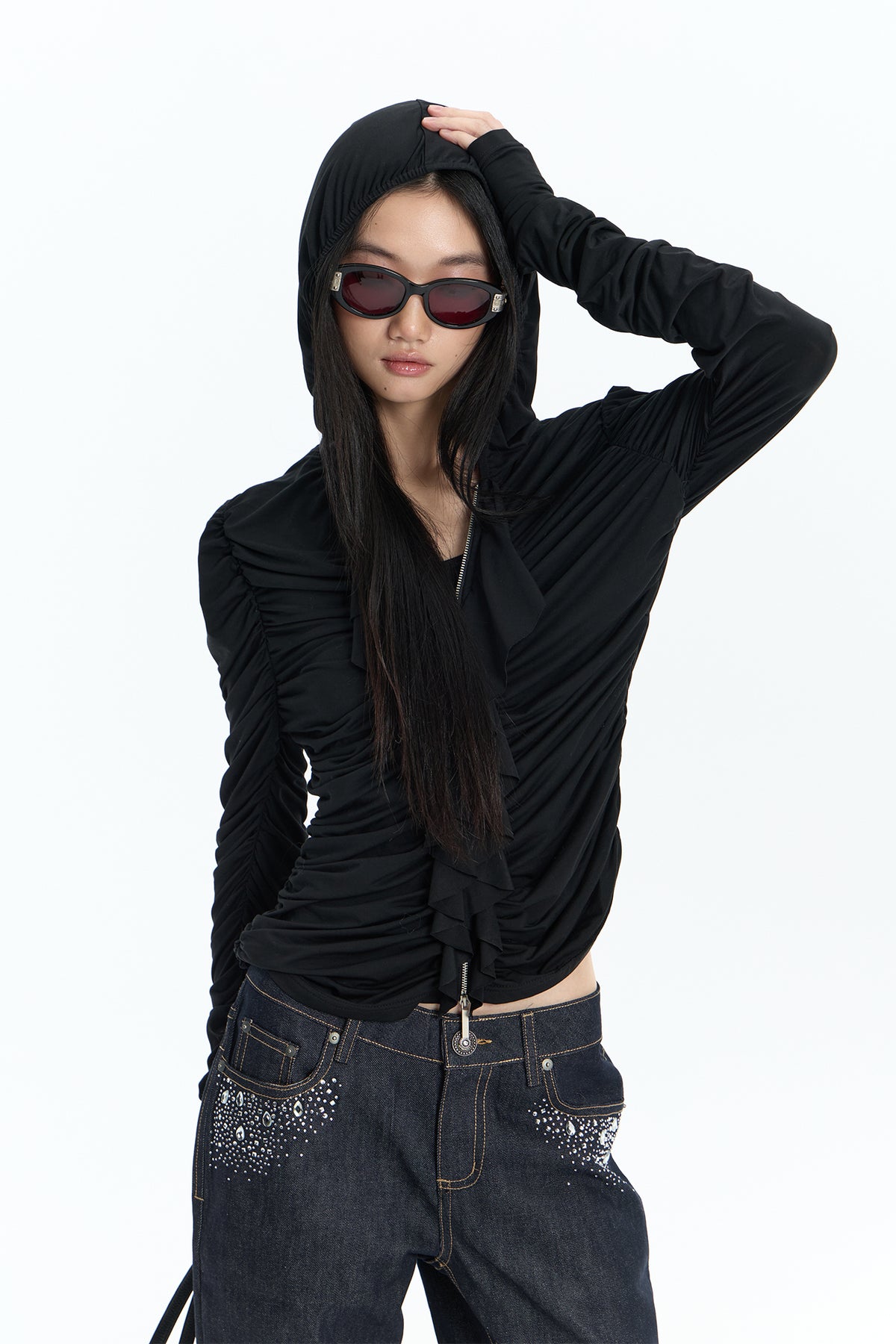 FAYCHUI Ruched Ruffle-Front Zip-Up Hoodie