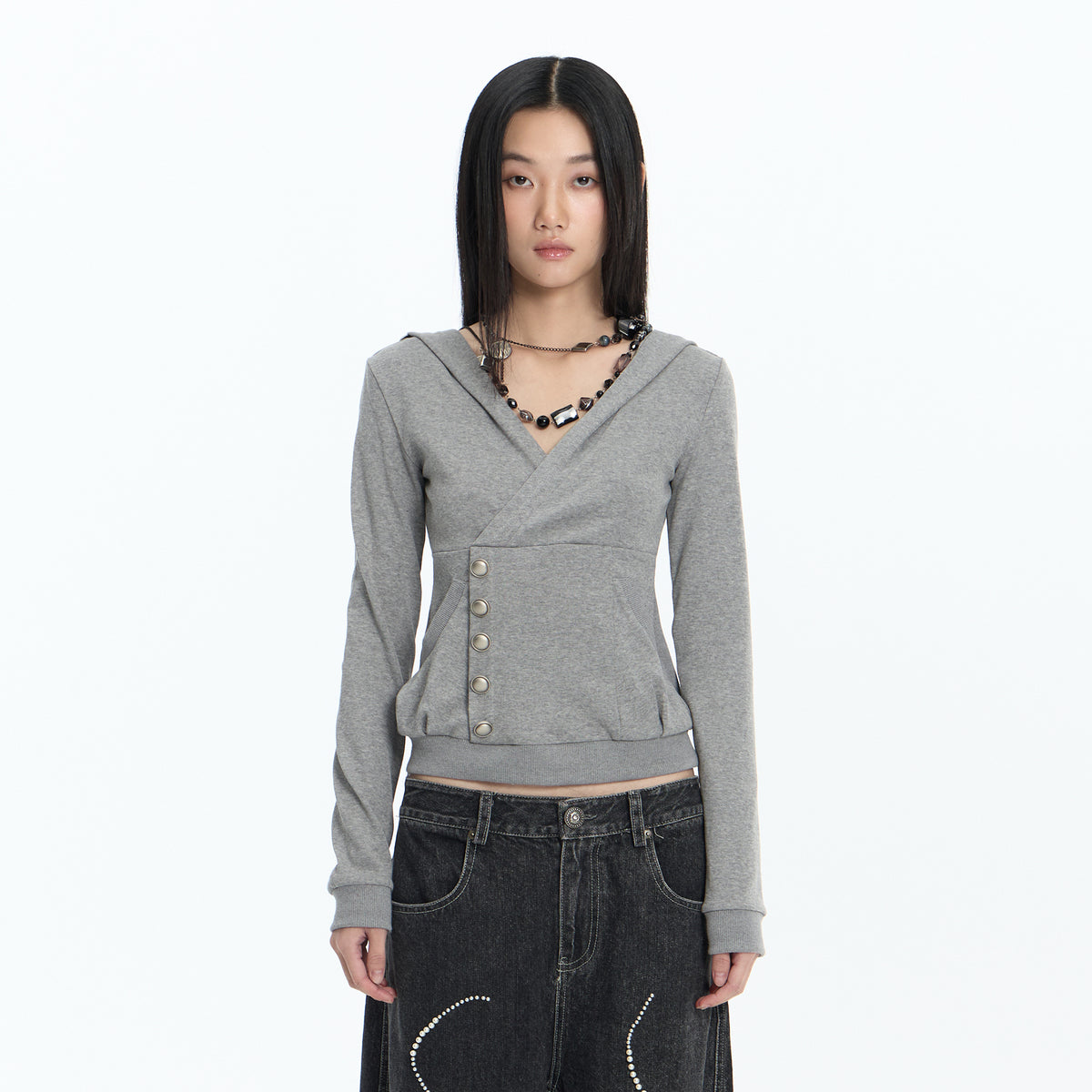 FAYCHUI Wrap-Front Button Hoodie