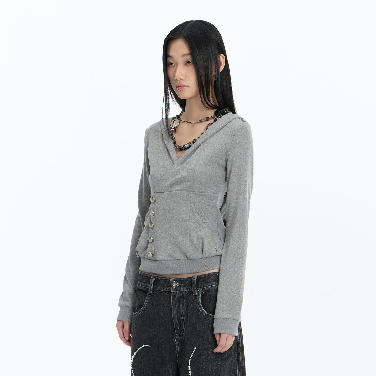 FAYCHUI Wrap-Front Button Hoodie