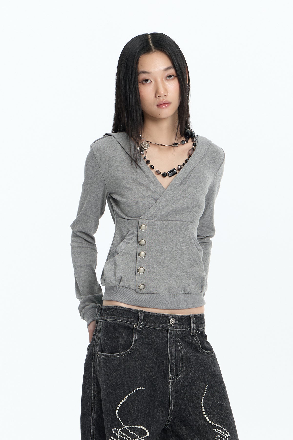 FAYCHUI Wrap-Front Button Hoodie