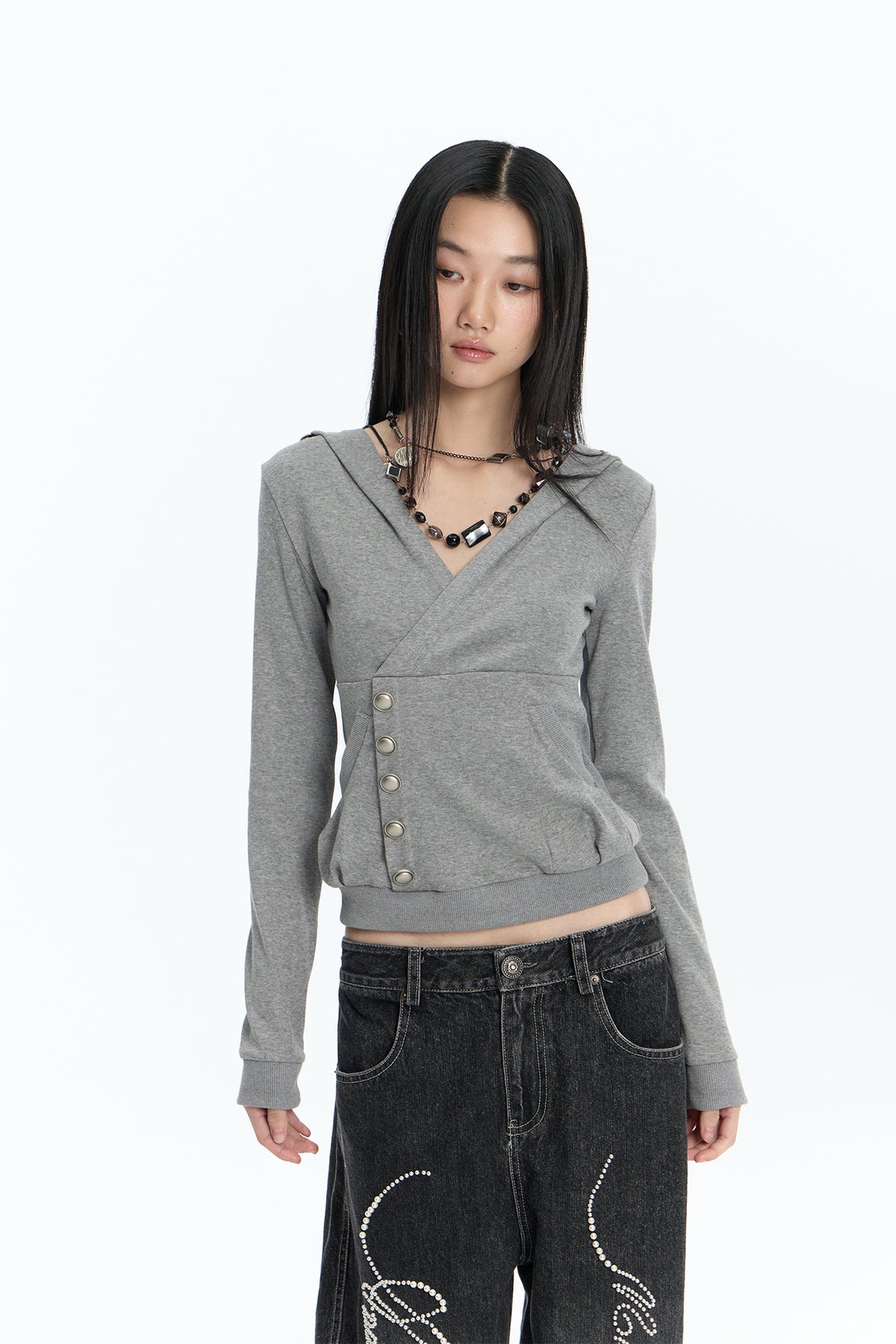 FAYCHUI Wrap-Front Button Hoodie