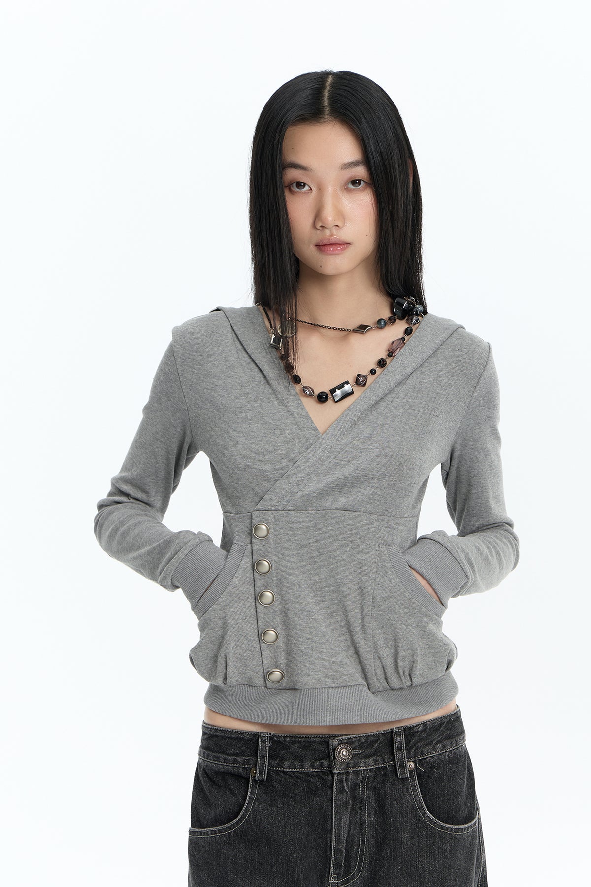 FAYCHUI Wrap-Front Button Hoodie