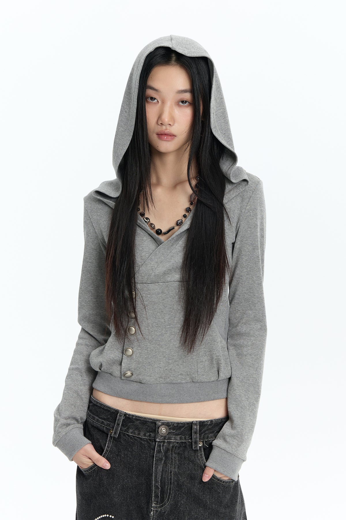 FAYCHUI Wrap-Front Button Hoodie