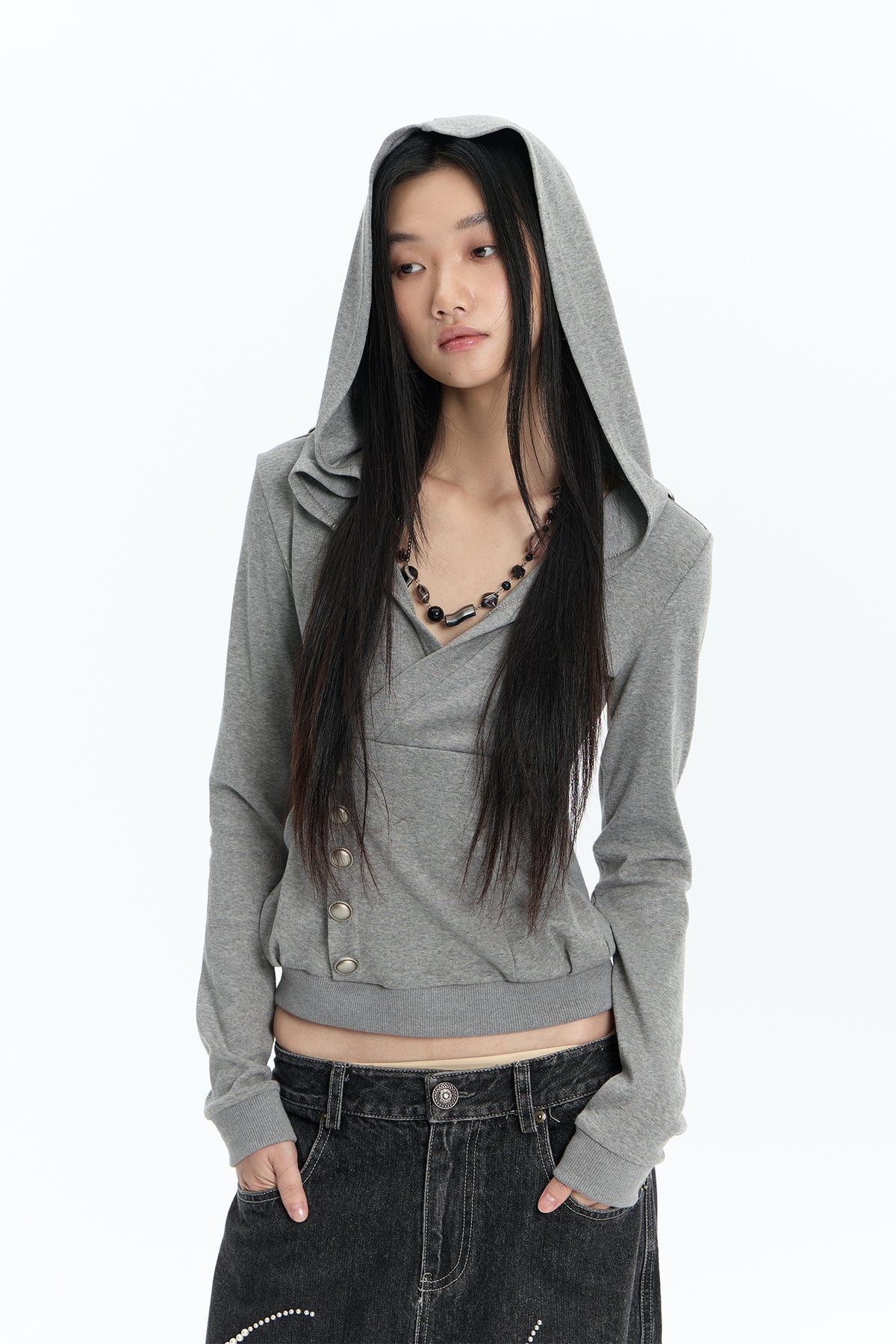 FAYCHUI Wrap-Front Button Hoodie