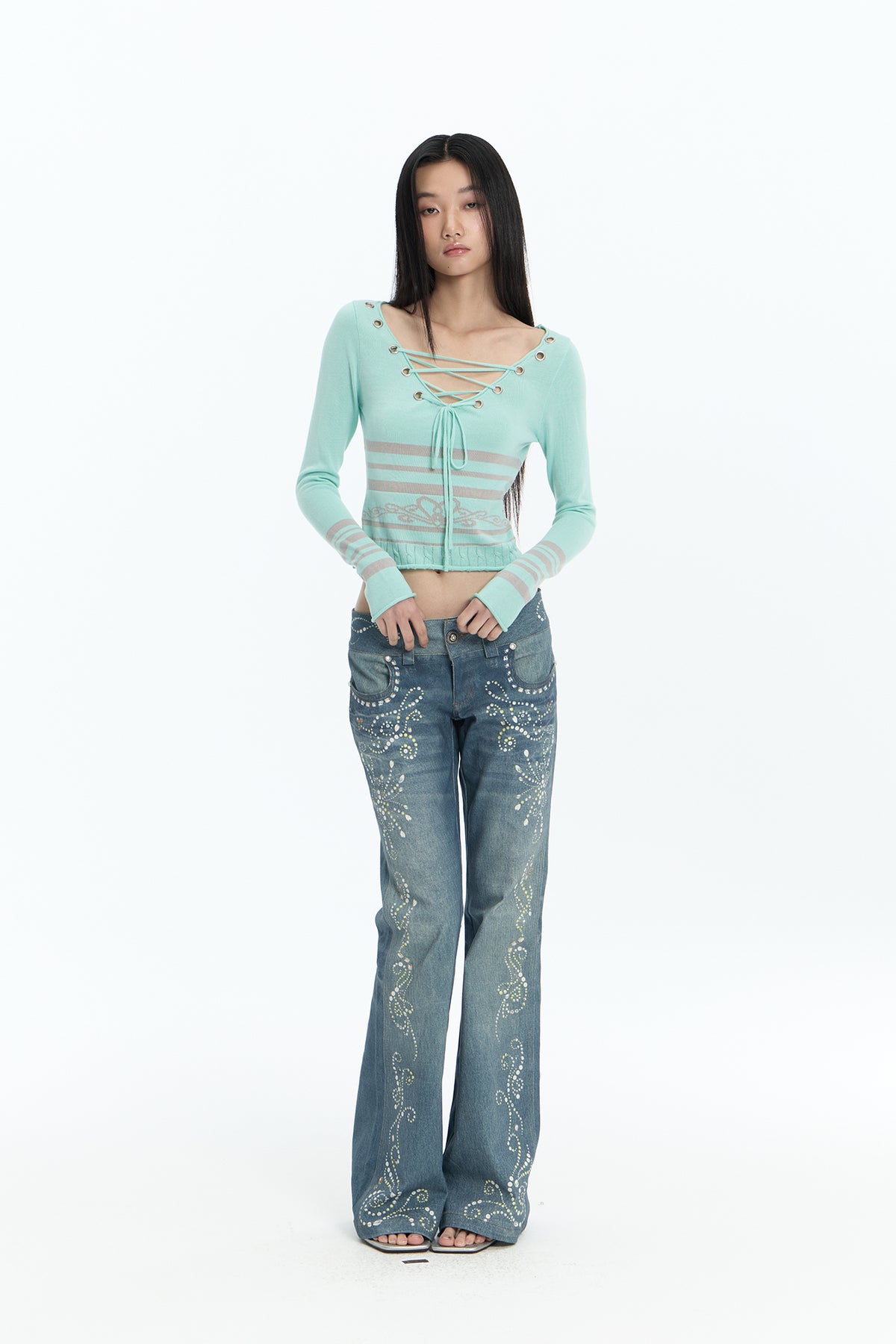 FAYCHUI Lace-Up Reversible Striped Knit Long-Sleeve-Tee
