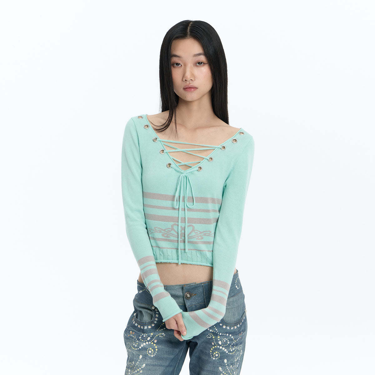 FAYCHUI Lace-Up Reversible Striped Knit Long-Sleeve-Tee