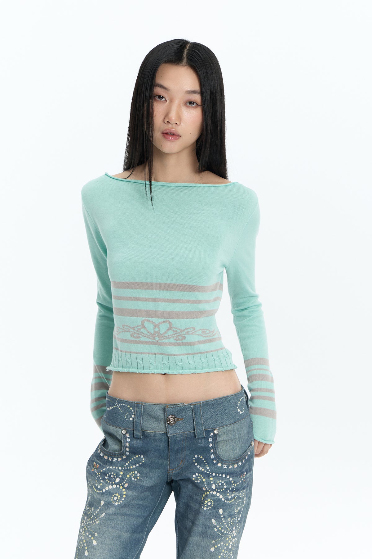 FAYCHUI Lace-Up Reversible Striped Knit Long-Sleeve-Tee