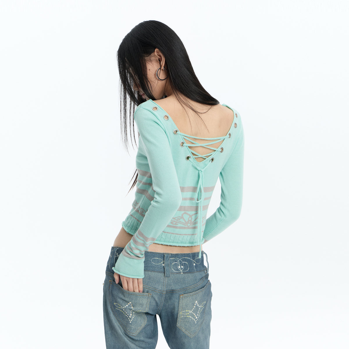 FAYCHUI Lace-Up Reversible Striped Knit Long-Sleeve-Tee
