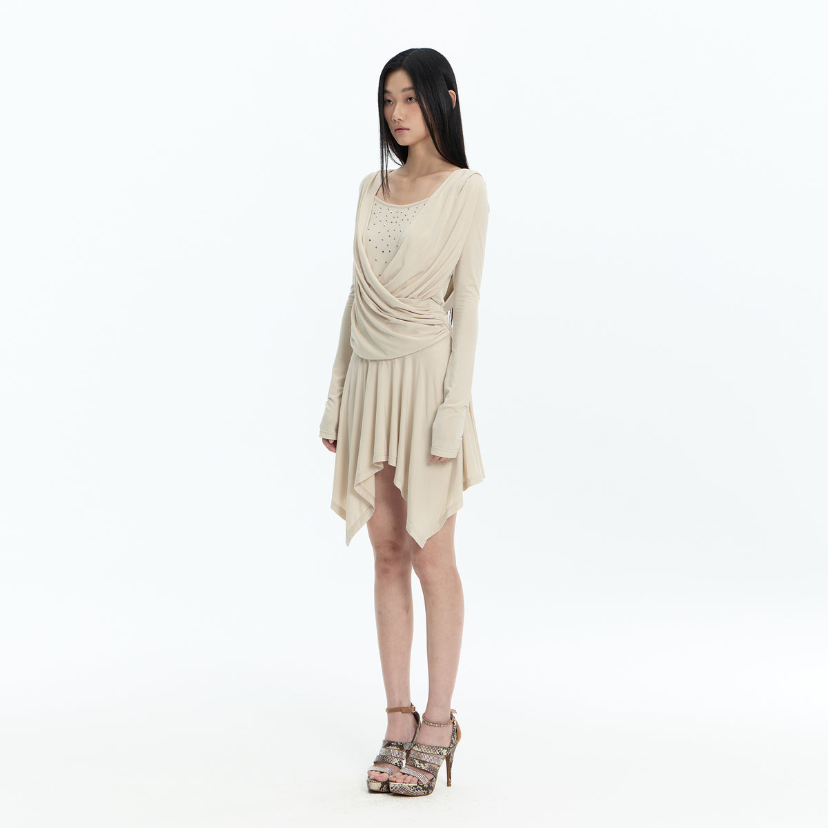 FAYCHUI Studded Crossover Long-Sleeve Dress