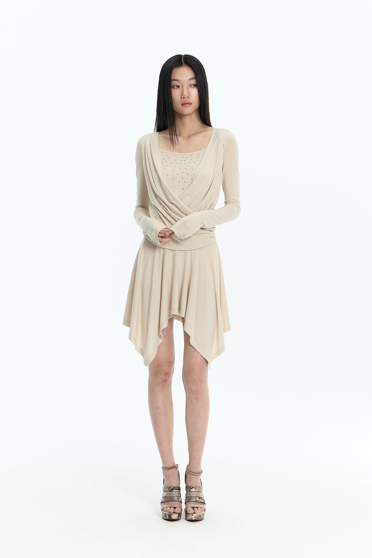 FAYCHUI Studded Crossover Long-Sleeve Dress