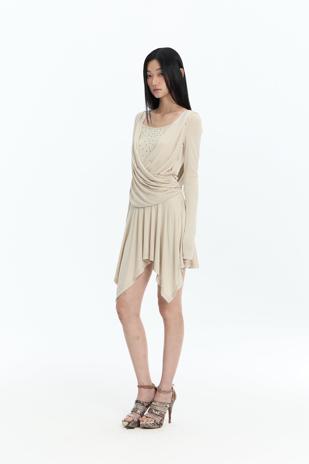FAYCHUI Studded Crossover Long-Sleeve Dress