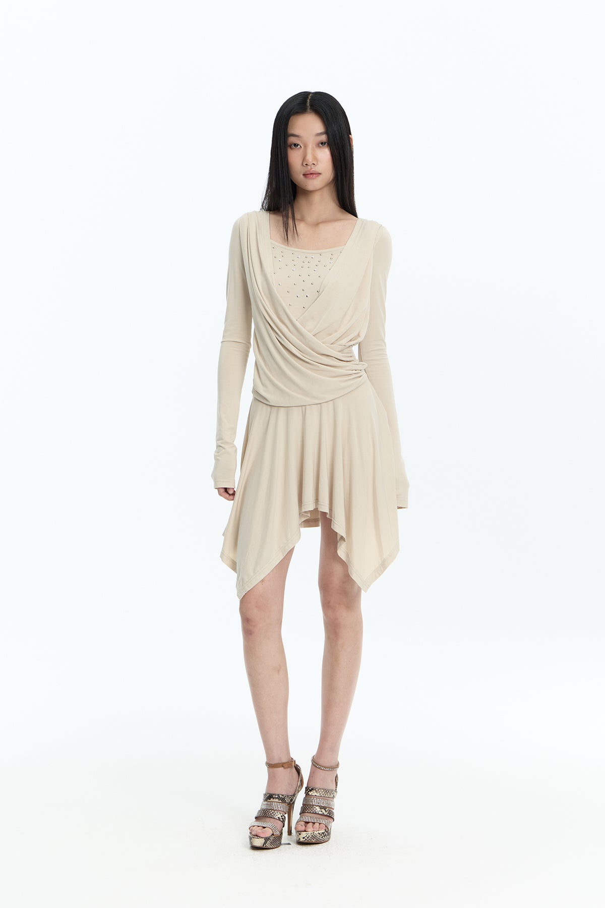 FAYCHUI Studded Crossover Long-Sleeve Dress