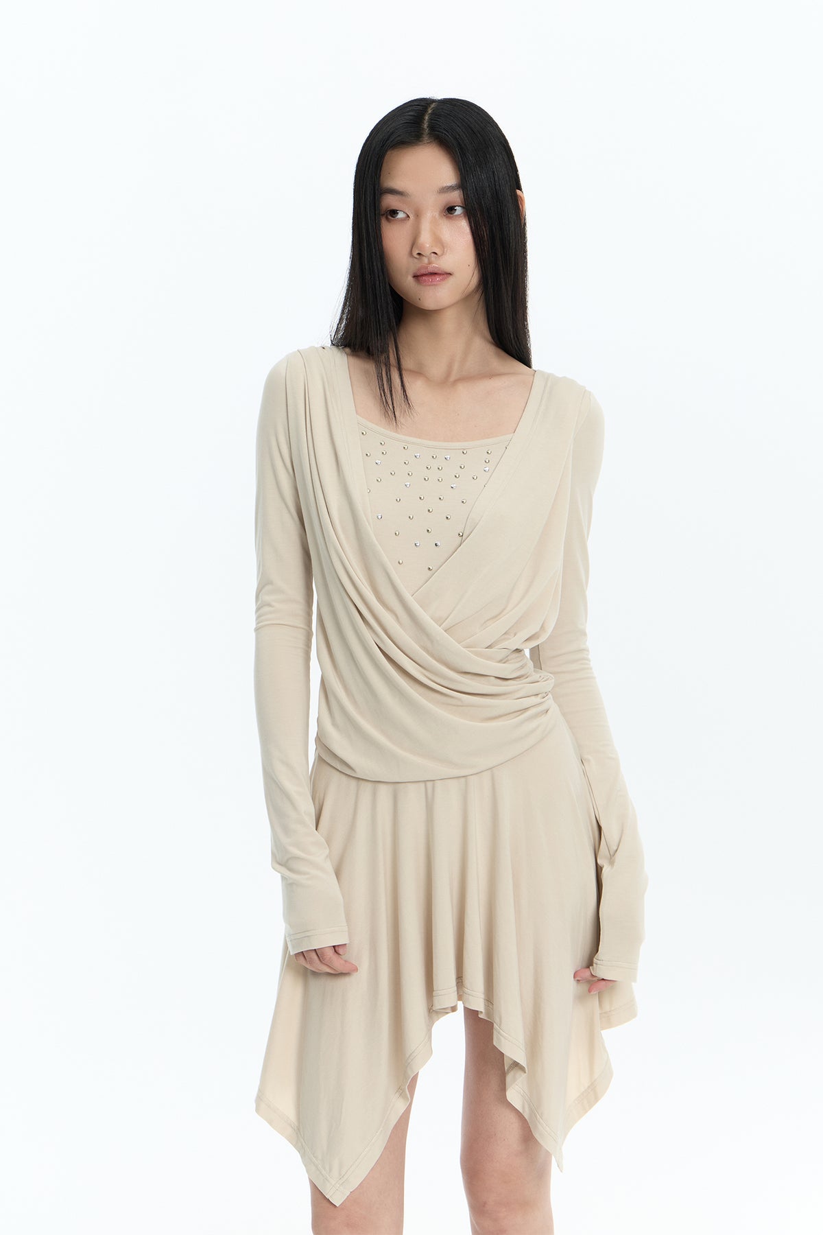 FAYCHUI Studded Crossover Long-Sleeve Dress