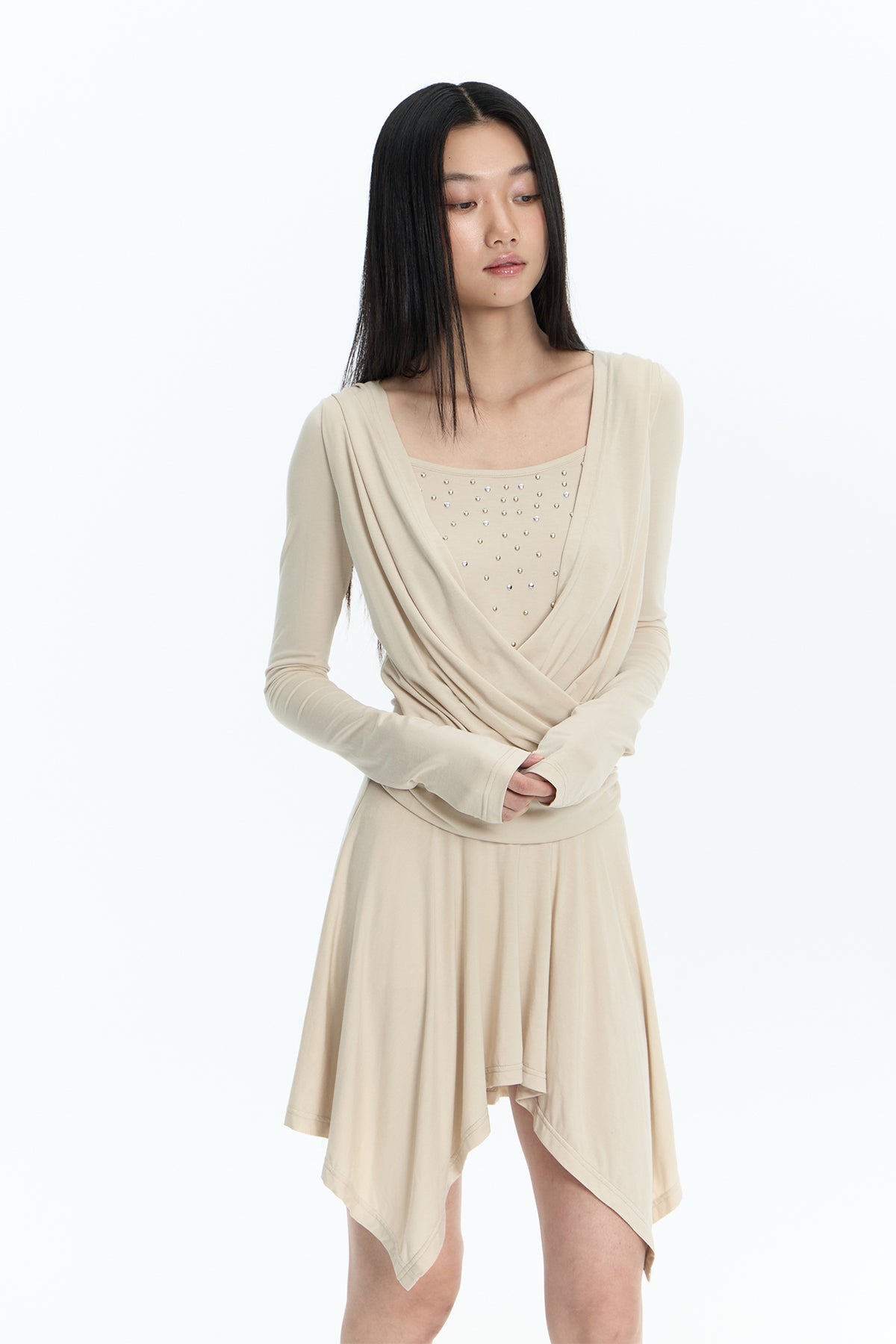 FAYCHUI Studded Crossover Long-Sleeve Dress