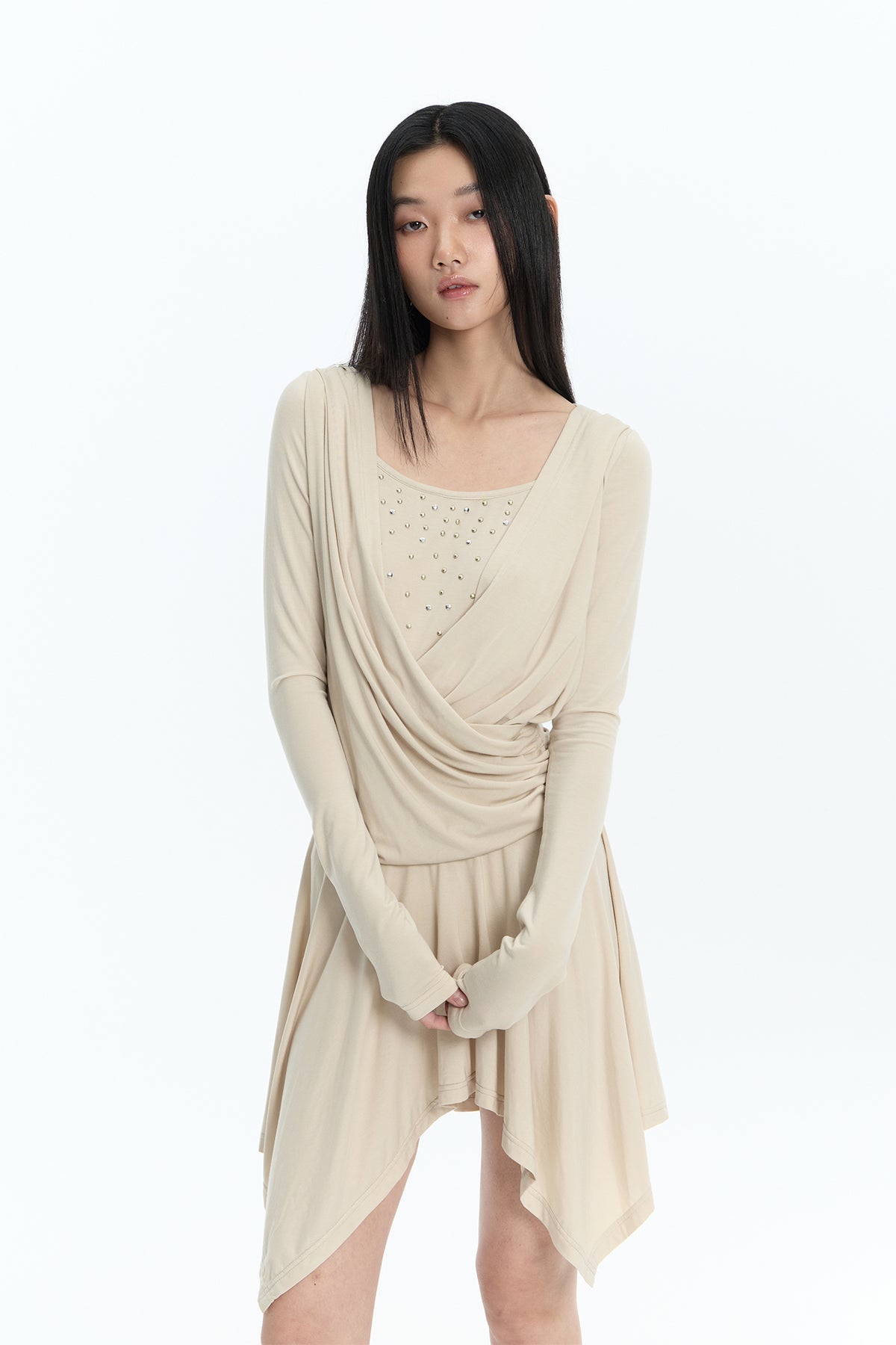 FAYCHUI Studded Crossover Long-Sleeve Dress