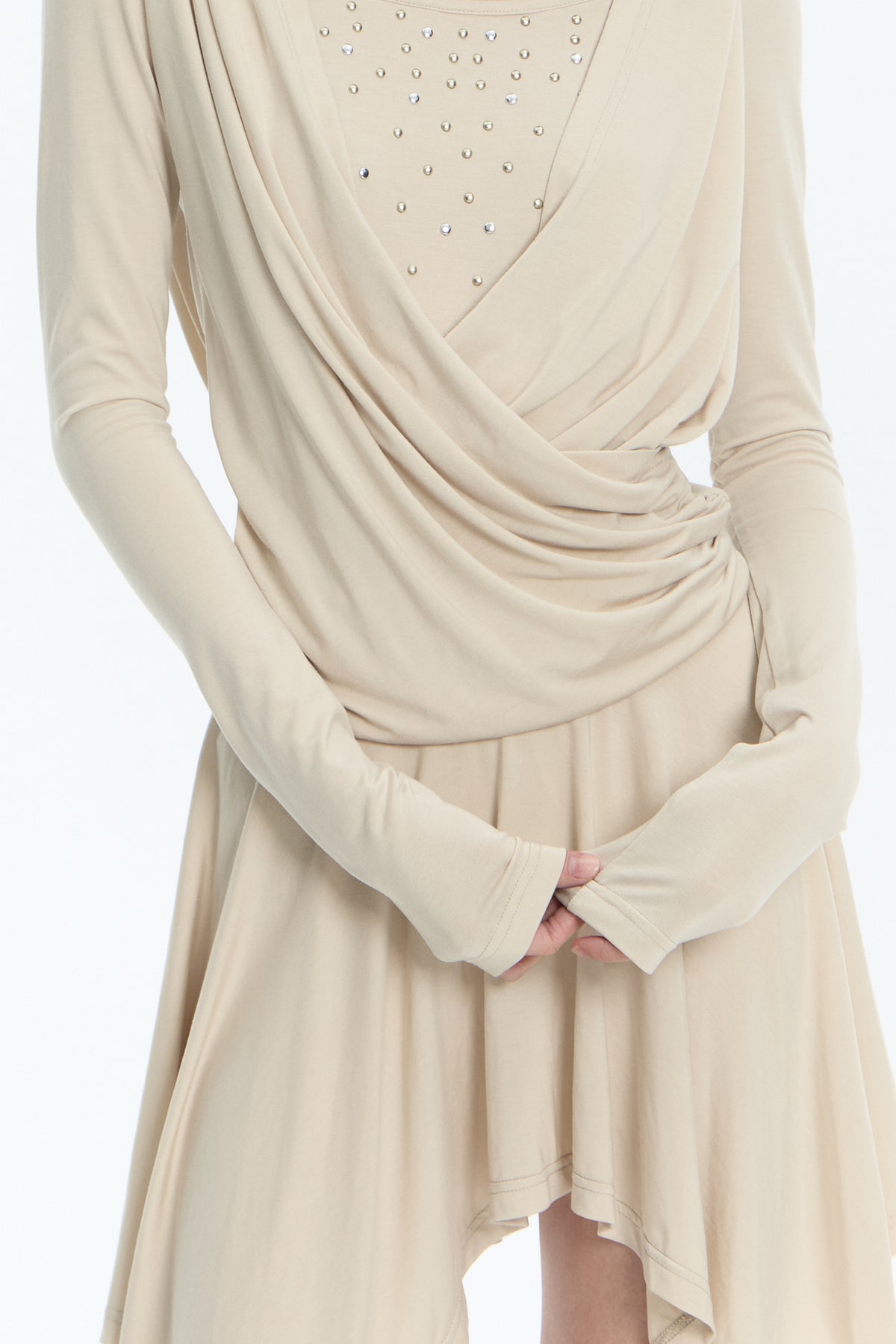 FAYCHUI Studded Crossover Long-Sleeve Dress