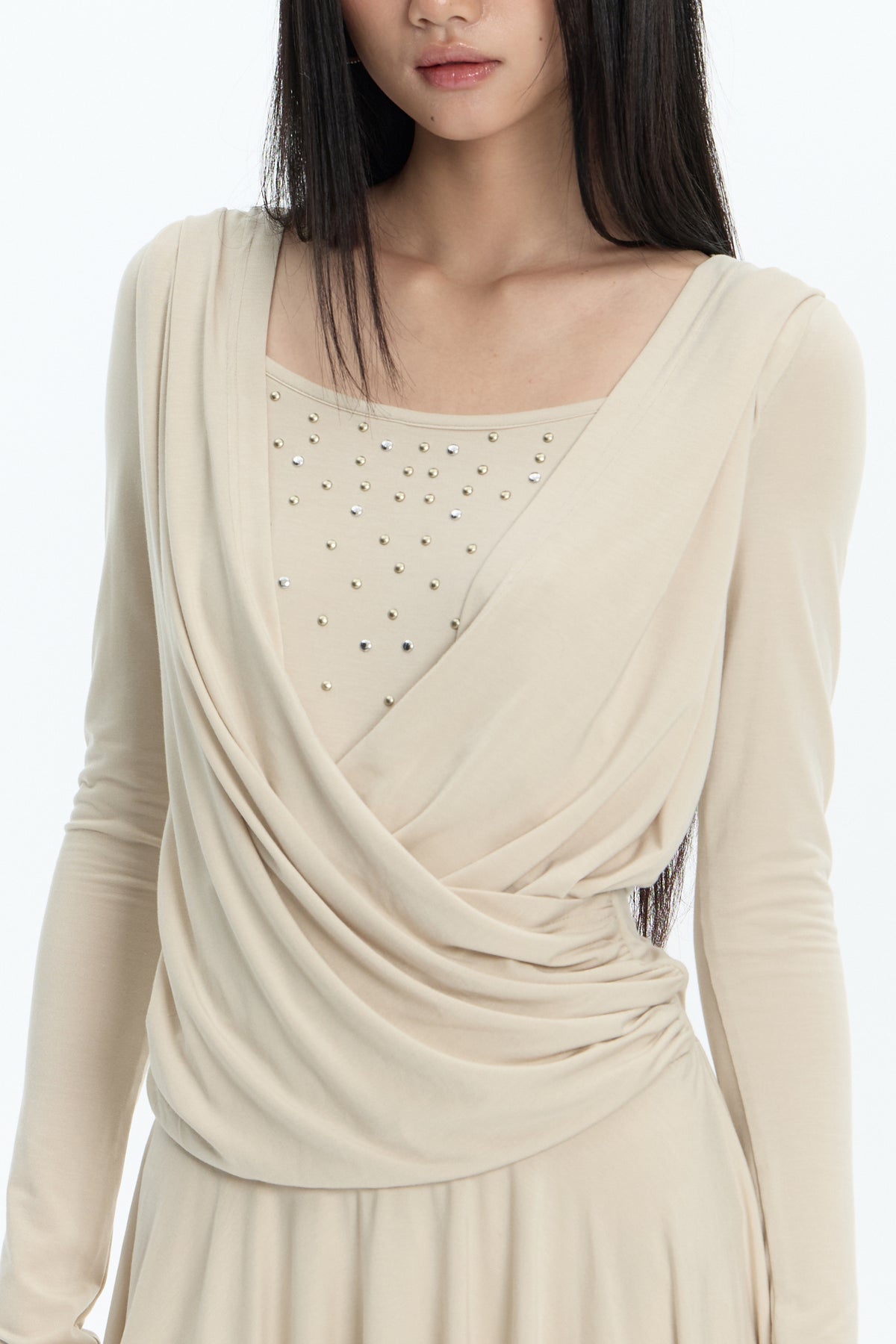 FAYCHUI Studded Crossover Long-Sleeve Dress