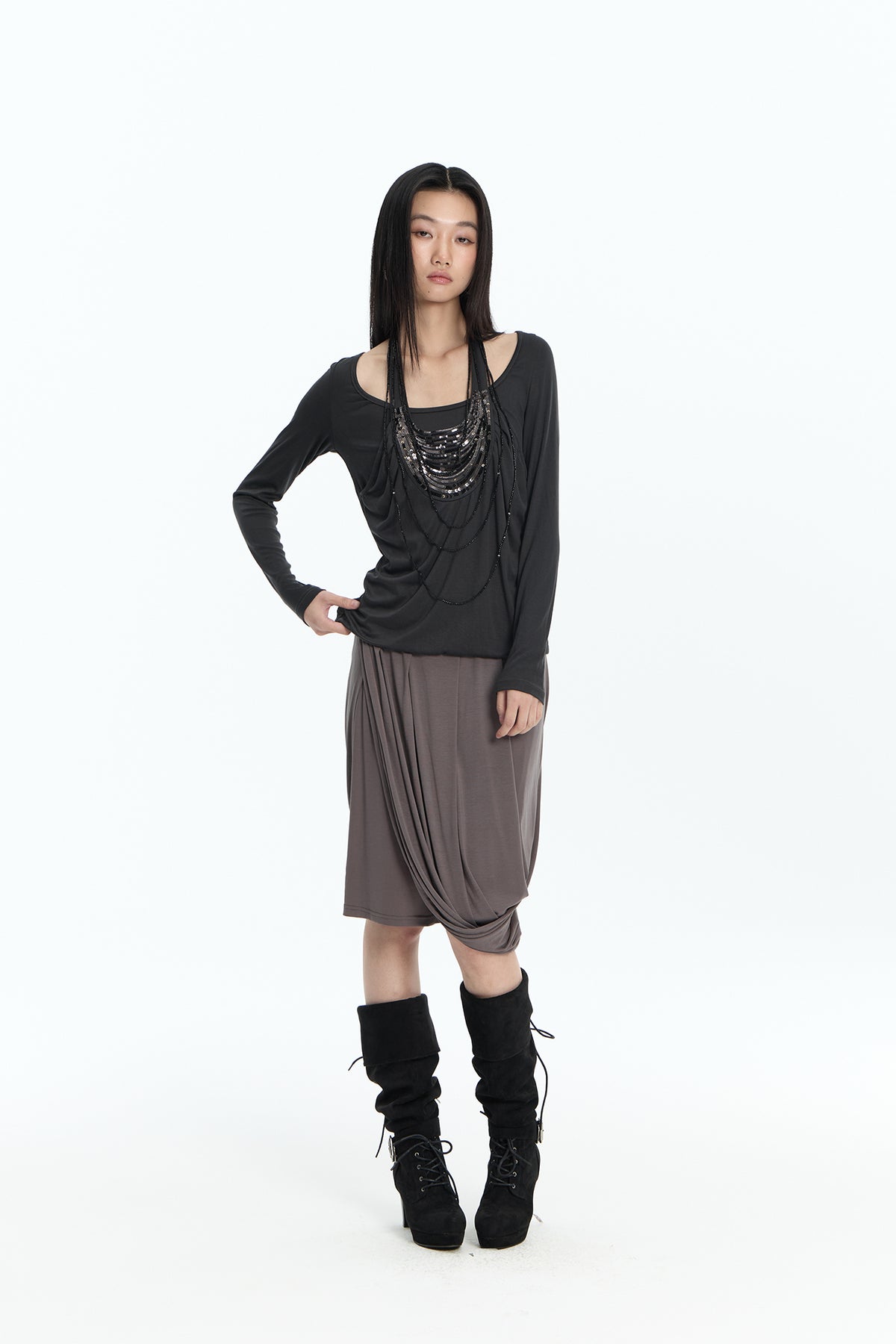FAYCHUI Beaded Layered Long-Sleeve Tee