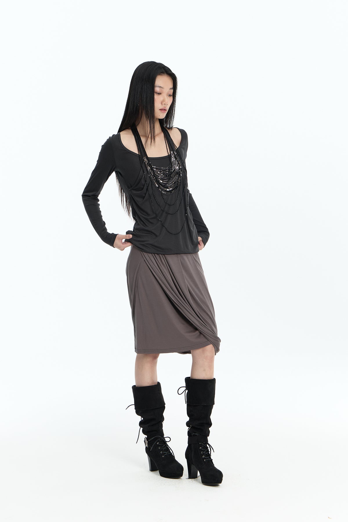 FAYCHUI Diamond Waist Draped Midi Skirt