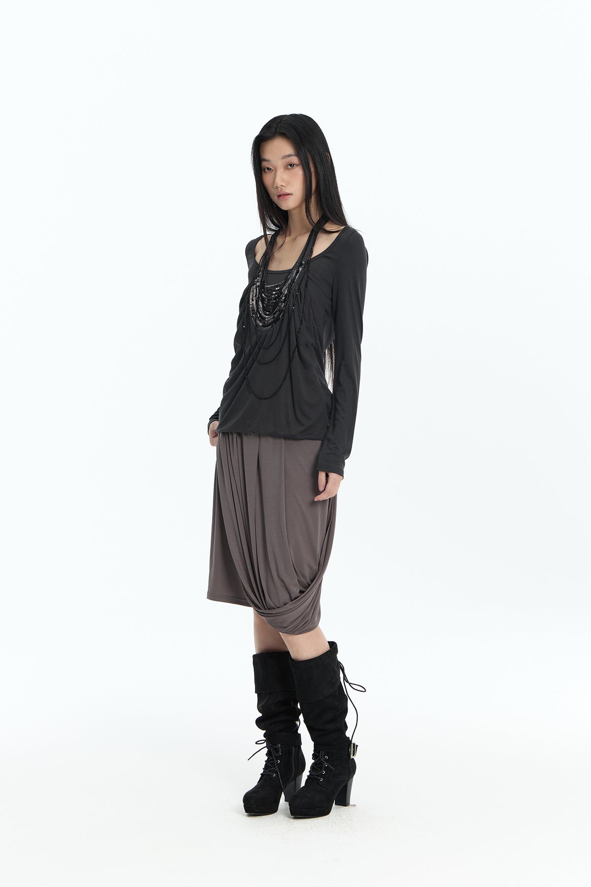 FAYCHUI Beaded Layered Long-Sleeve Tee