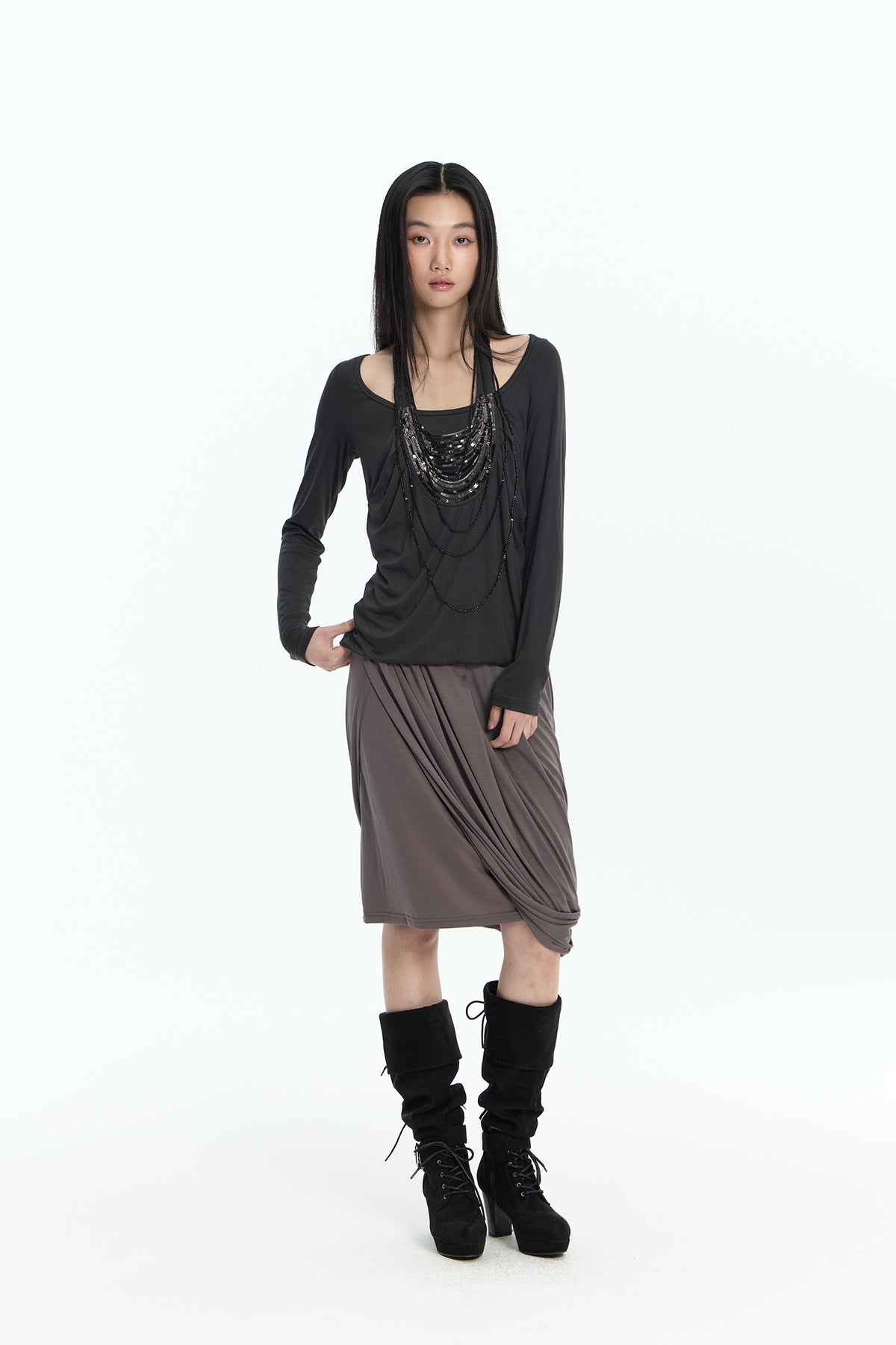 FAYCHUI Diamond Waist Draped Midi Skirt