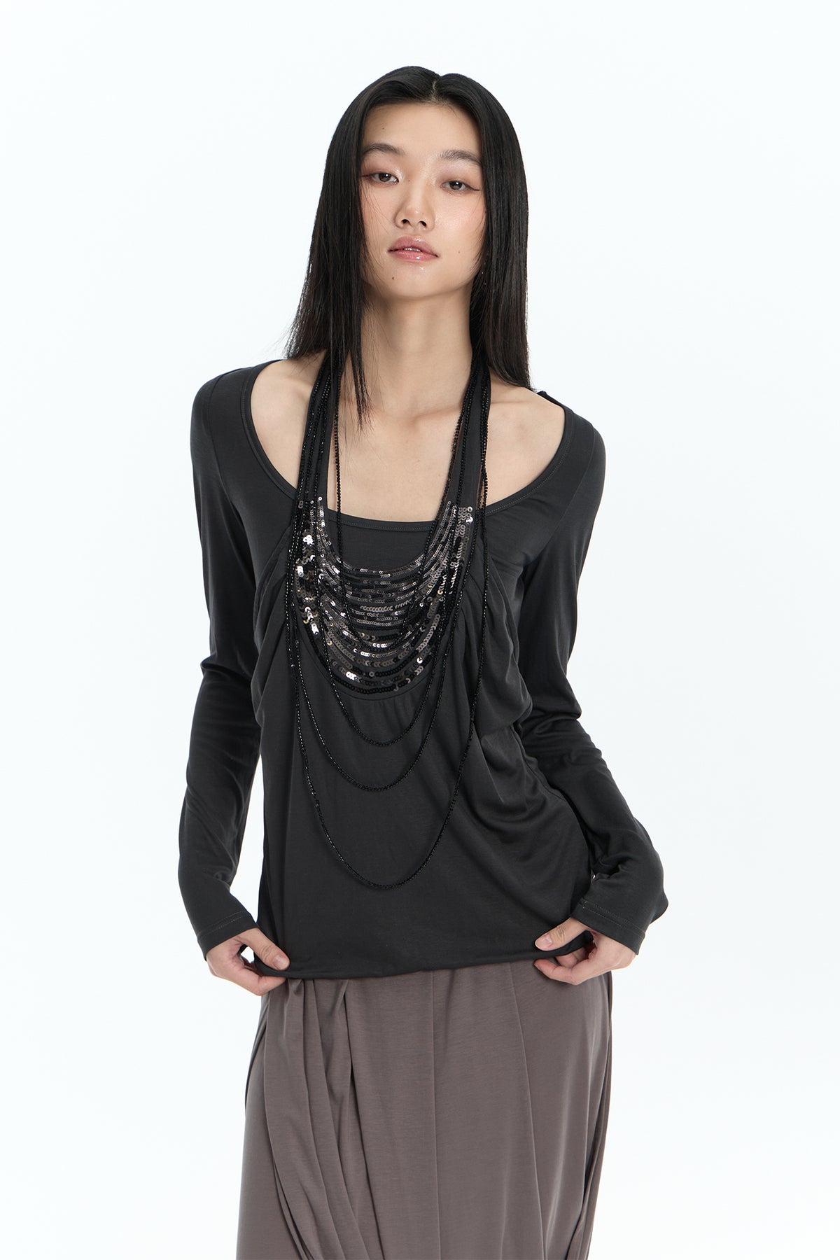 FAYCHUI Beaded Layered Long-Sleeve Tee