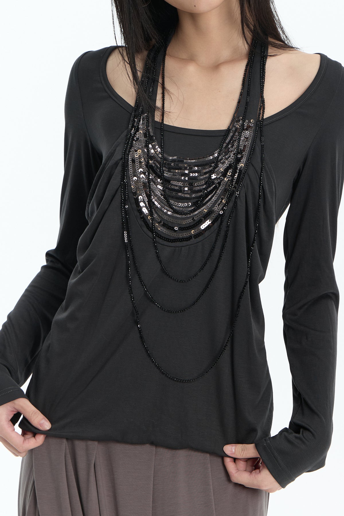 FAYCHUI Beaded Layered Long-Sleeve Tee
