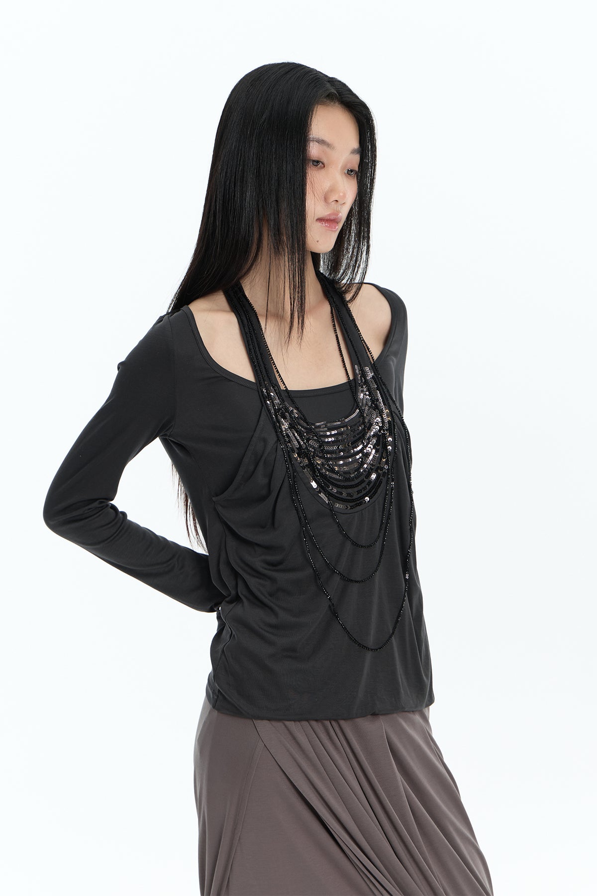 FAYCHUI Beaded Layered Long-Sleeve Tee