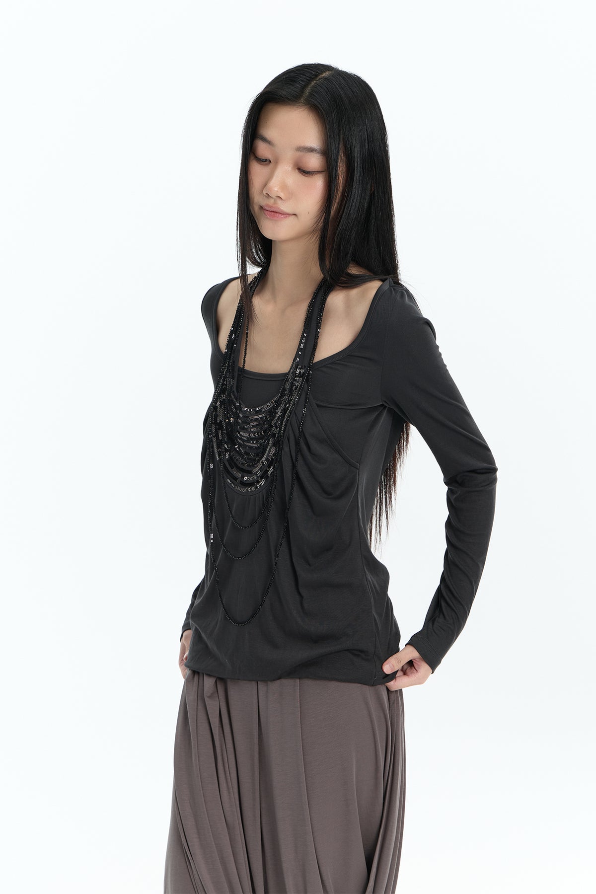 FAYCHUI Beaded Layered Long-Sleeve Tee