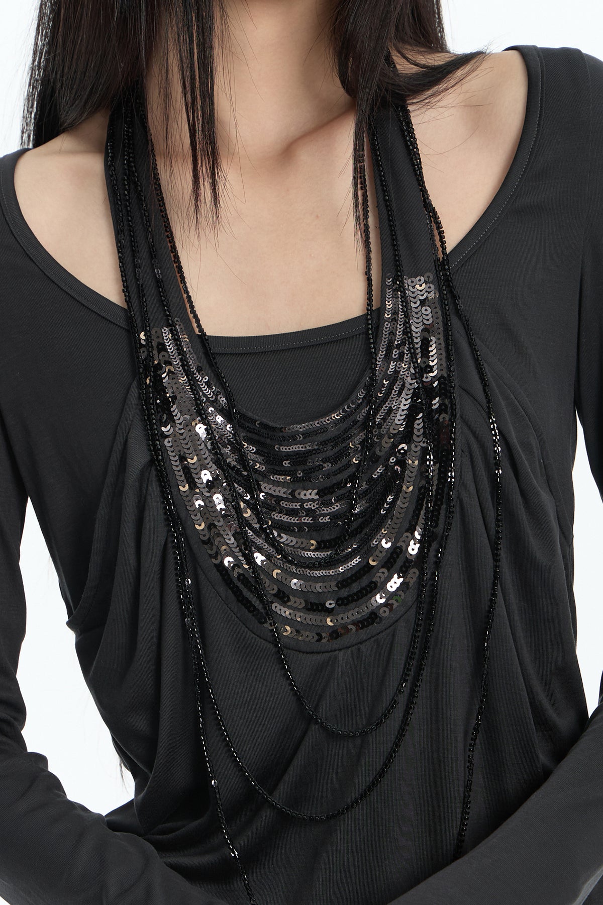 FAYCHUI Beaded Layered Long-Sleeve Tee