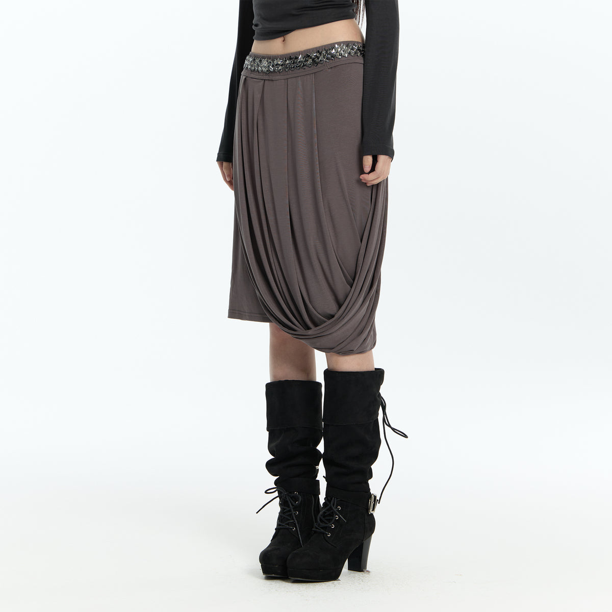 FAYCHUI Diamond Waist Draped Midi Skirt