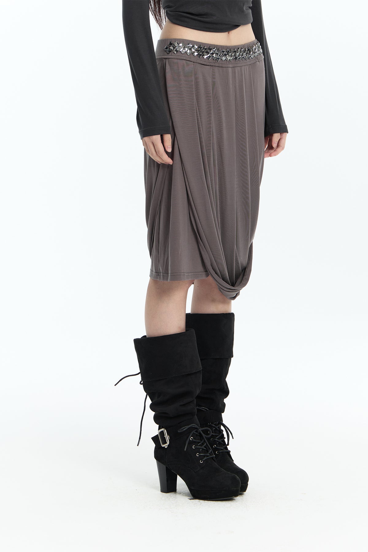 FAYCHUI Diamond Waist Draped Midi Skirt