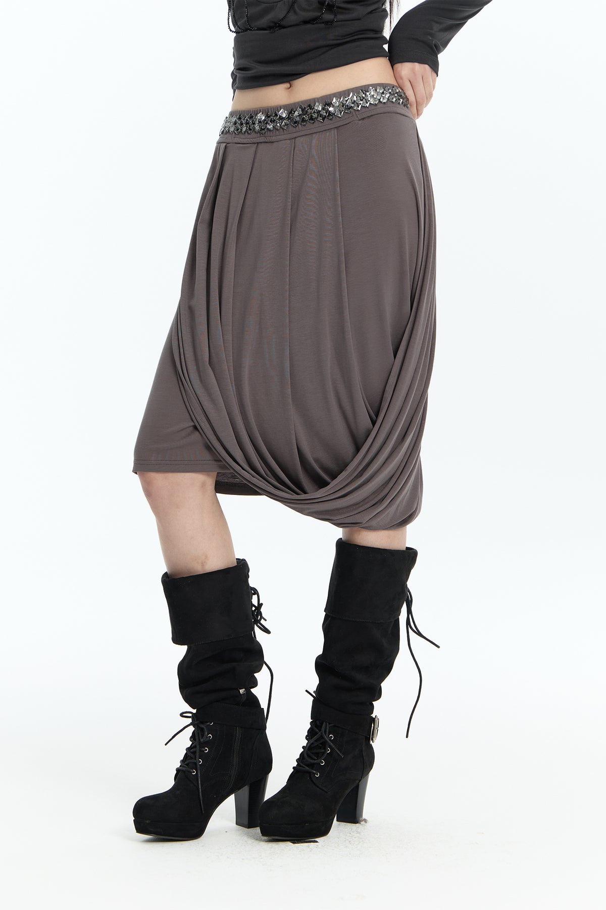 FAYCHUI Diamond Waist Draped Midi Skirt