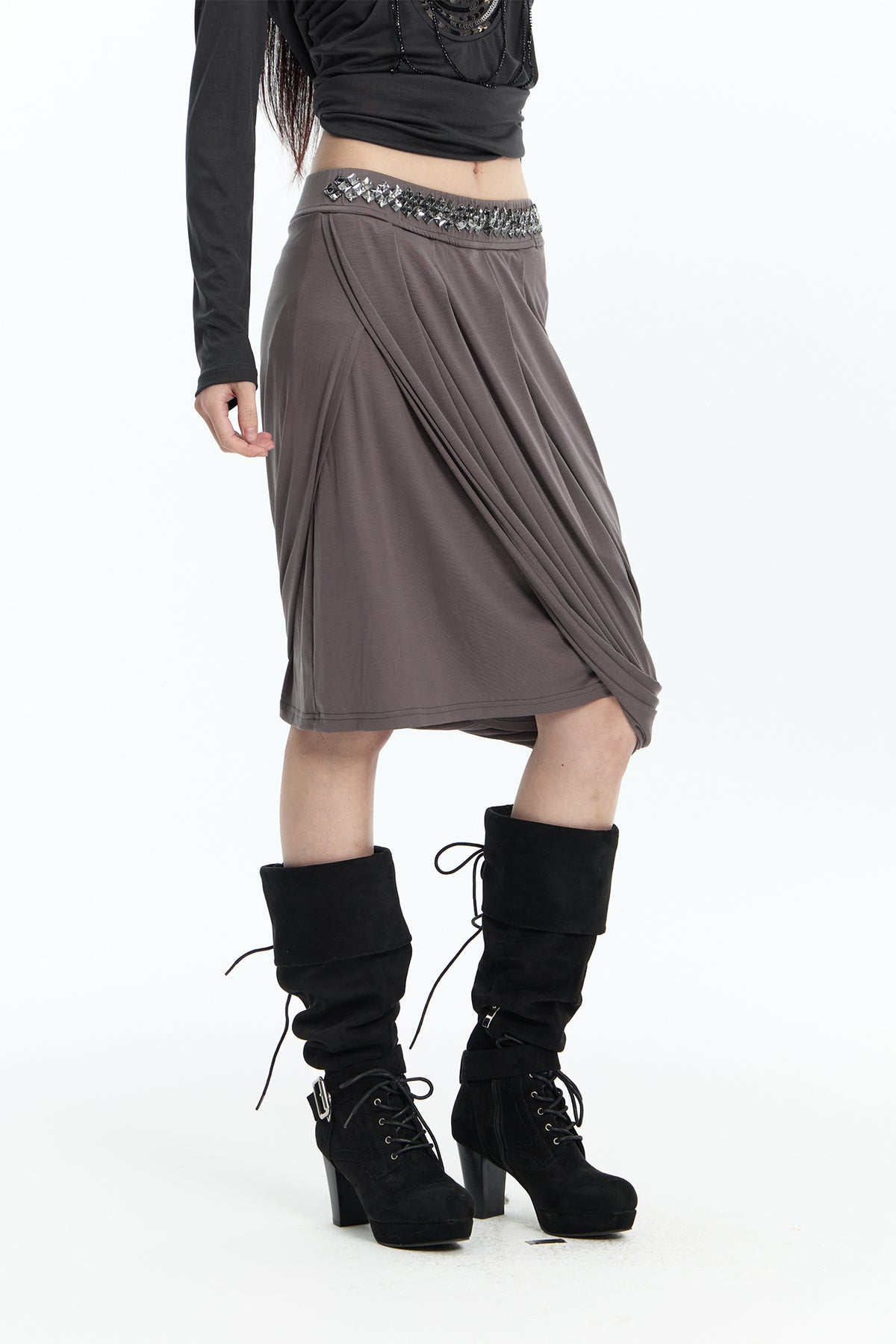 FAYCHUI Diamond Waist Draped Midi Skirt