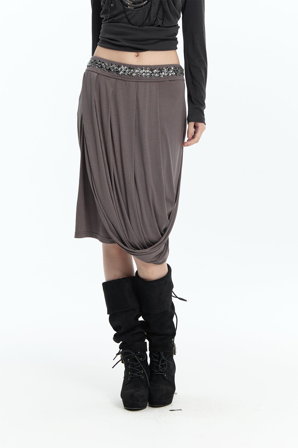 FAYCHUI Diamond Waist Draped Midi Skirt