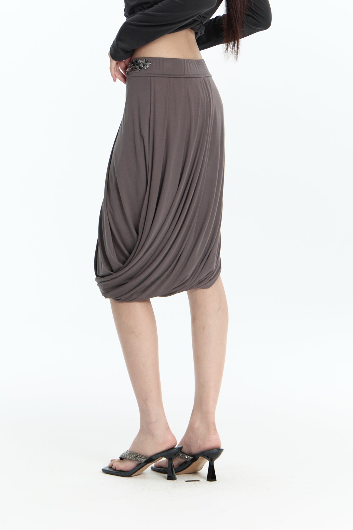 FAYCHUI Diamond Waist Draped Midi Skirt