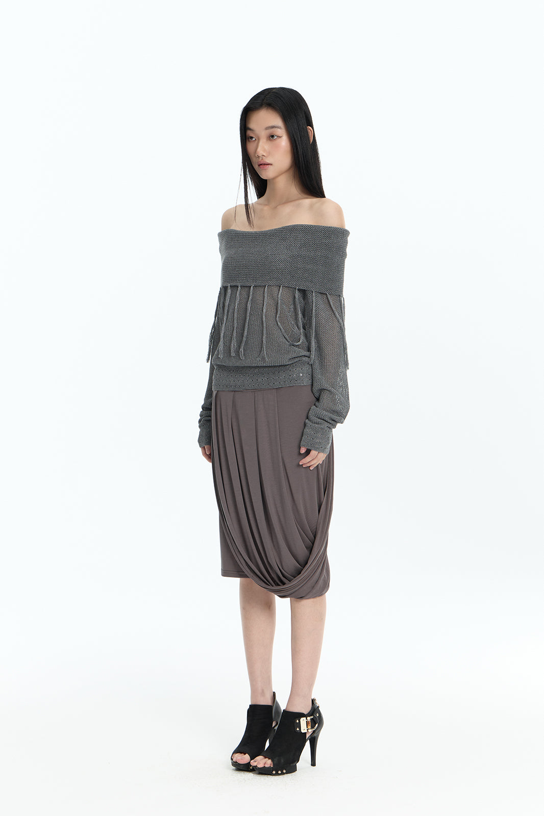 FAYCHUI Open-Knit Fringe Off-Shoulder Top