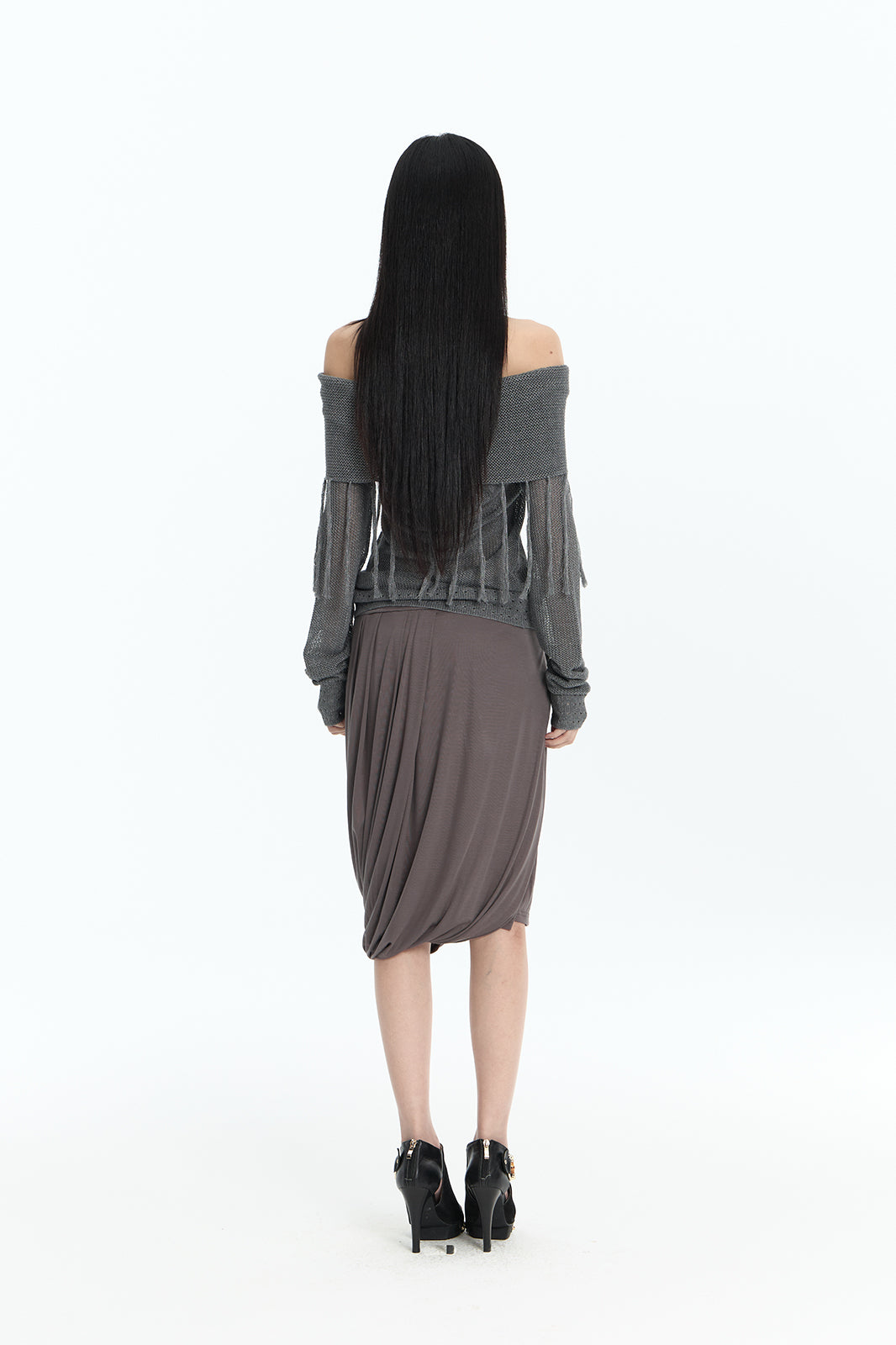 FAYCHUI Diamond Waist Draped Midi Skirt