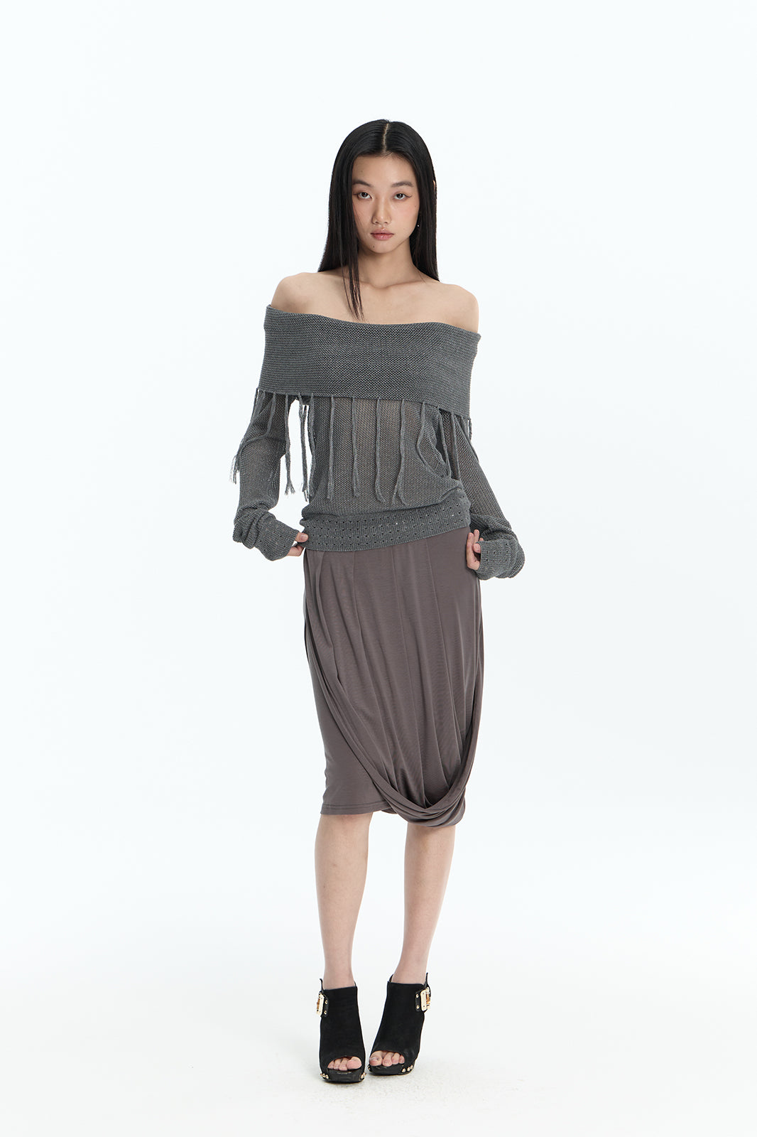 FAYCHUI Open-Knit Fringe Off-Shoulder Top